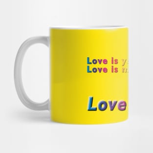 Love is you, Love is me, Love is us Rainbow Heart & Text Design on Yellow Background Mug